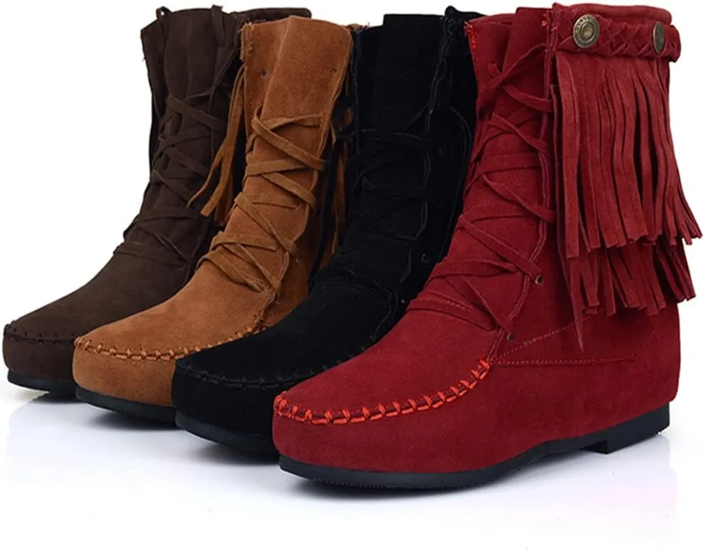 Roimaash Classic Fringe Moccasin Boots Ankle High Women Low Heel Booties