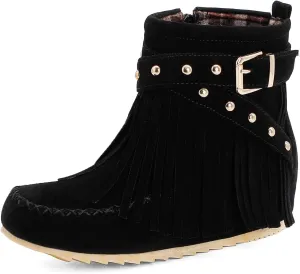 Roimaash Classic Fringe Moccasin Boots Ankle High Women Low Heel Booties