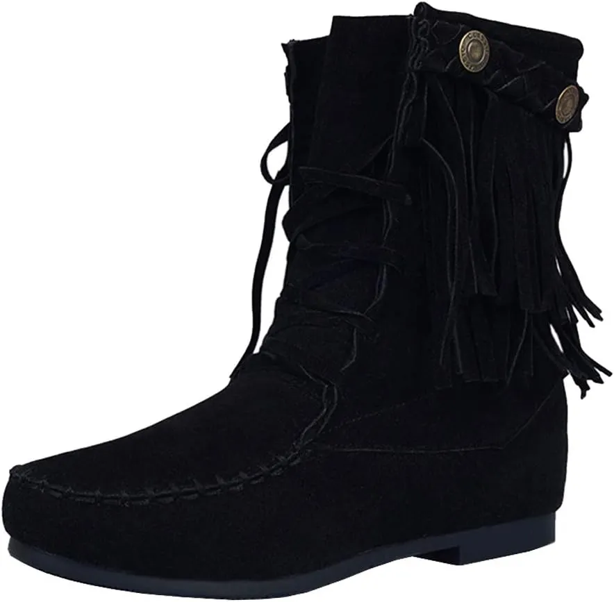 Roimaash Classic Fringe Moccasin Boots Ankle High Women Low Heel Booties