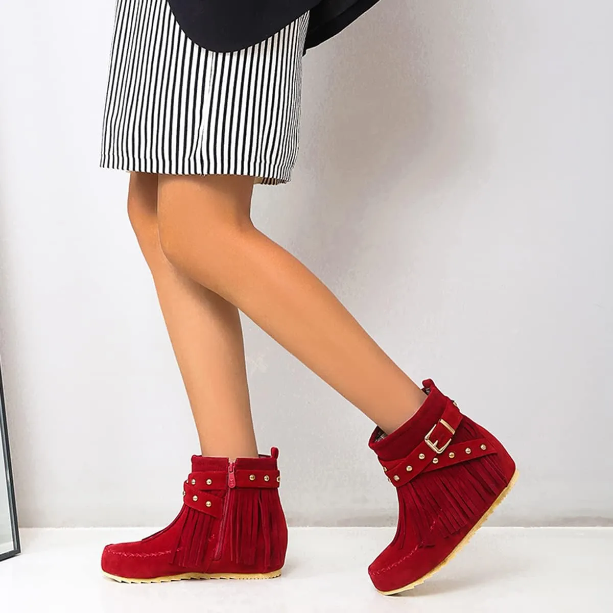 Roimaash Classic Fringe Moccasin Boots Ankle High Women Low Heel Booties