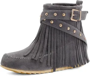 Roimaash Classic Fringe Moccasin Boots Ankle High Women Low Heel Booties