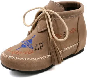 Roimaash Classic Moccasin Slipper Bootie Flats Embroidery Fringe Boots