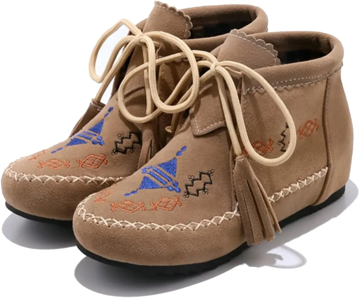 Roimaash Classic Moccasin Slipper Bootie Flats Embroidery Fringe Boots