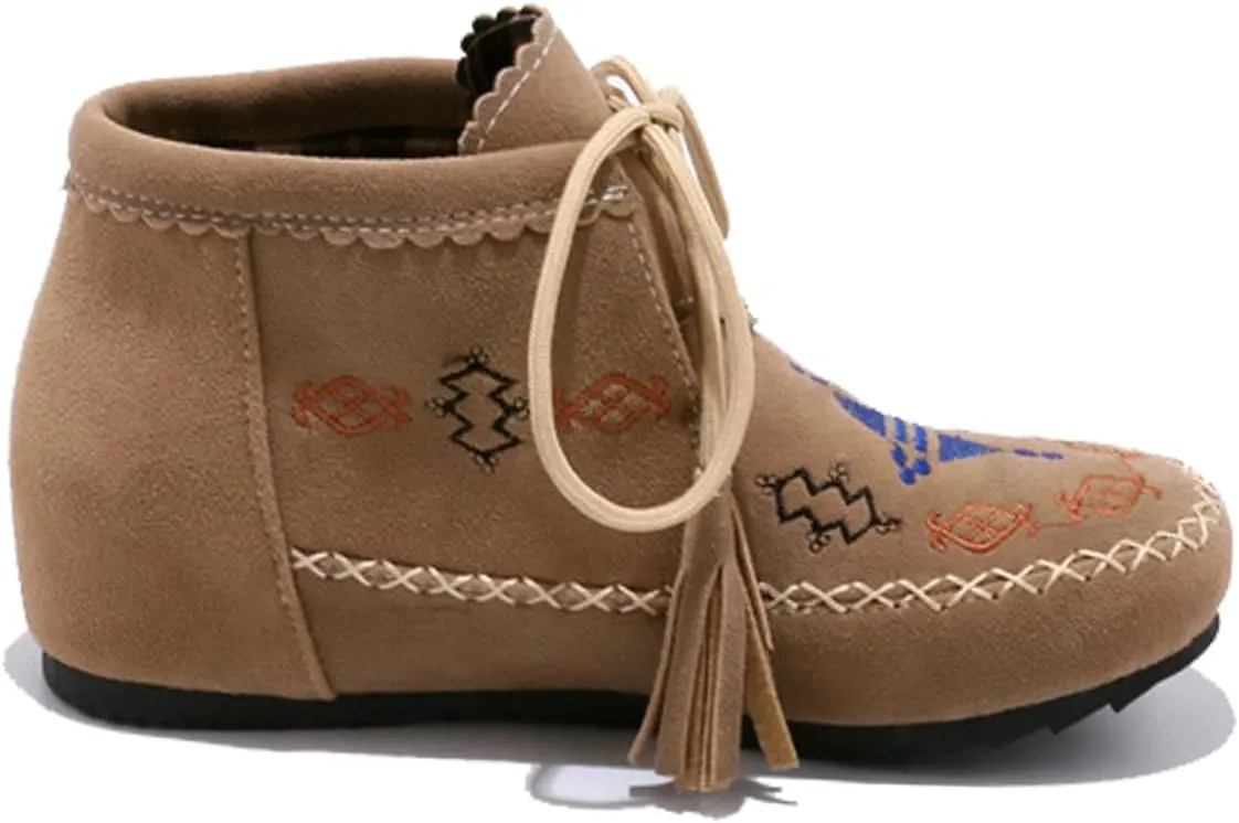 Roimaash Classic Moccasin Slipper Bootie Flats Embroidery Fringe Boots
