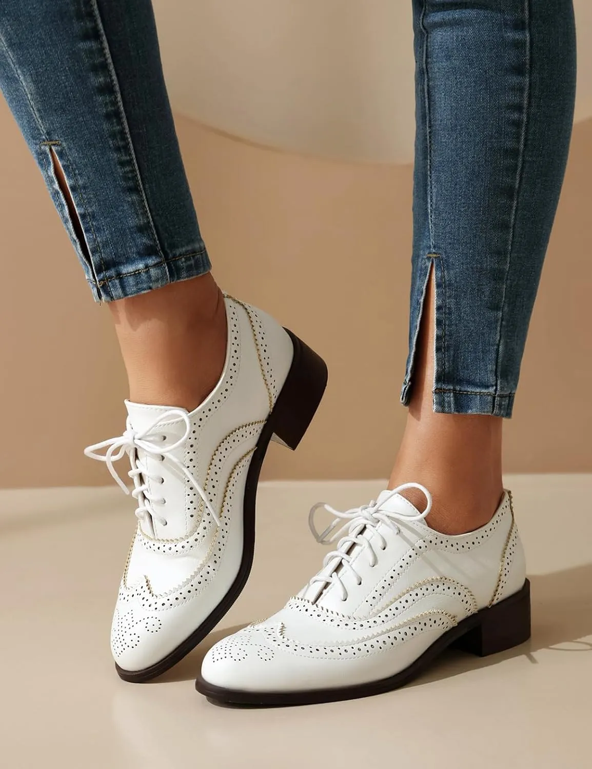 Roimaash Leisure Oxford Shoes Women Two Tone Wingtip Brogue Shoes