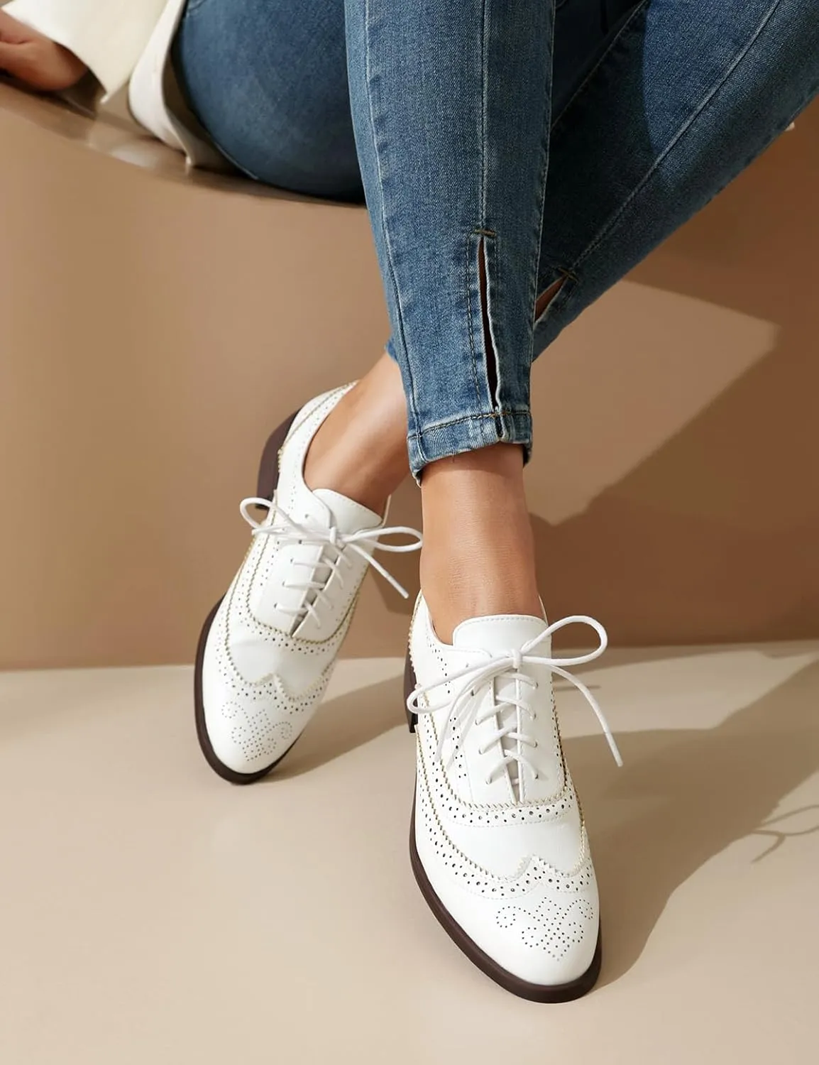 Roimaash Leisure Oxford Shoes Women Two Tone Wingtip Brogue Shoes