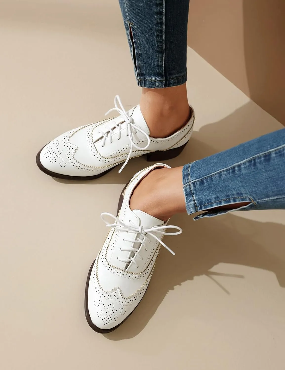 Roimaash Leisure Oxford Shoes Women Two Tone Wingtip Brogue Shoes