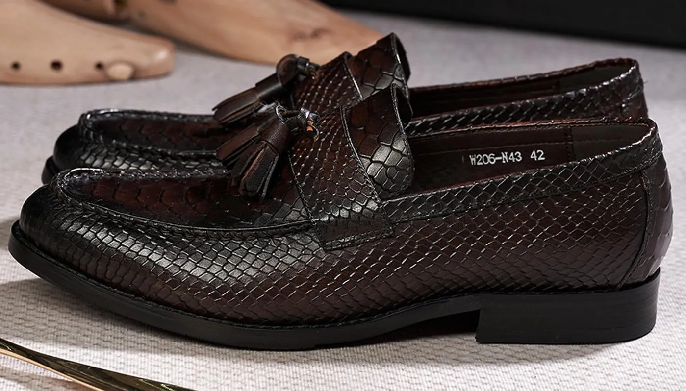Santimon Mens Tassel Loafers Formal Dress Slip On Shoes Genunie Leather Cap Toe Mocasines Business Casual Prom Wedding Crocodile Embossing Penny Loafer Fashion Tuxedo Suit Shoes for Men