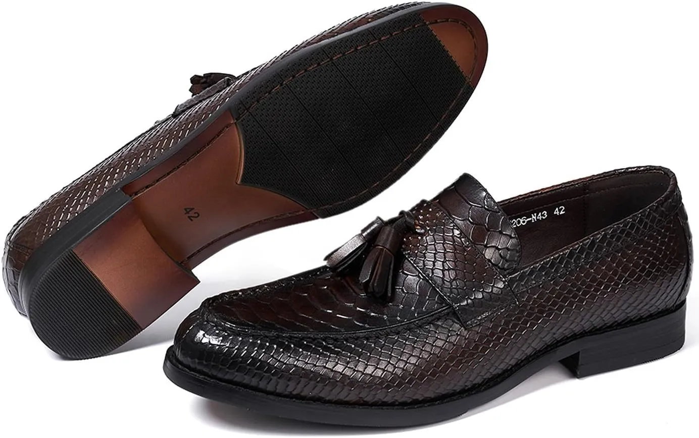 Santimon Mens Tassel Loafers Formal Dress Slip On Shoes Genunie Leather Cap Toe Mocasines Business Casual Prom Wedding Crocodile Embossing Penny Loafer Fashion Tuxedo Suit Shoes for Men
