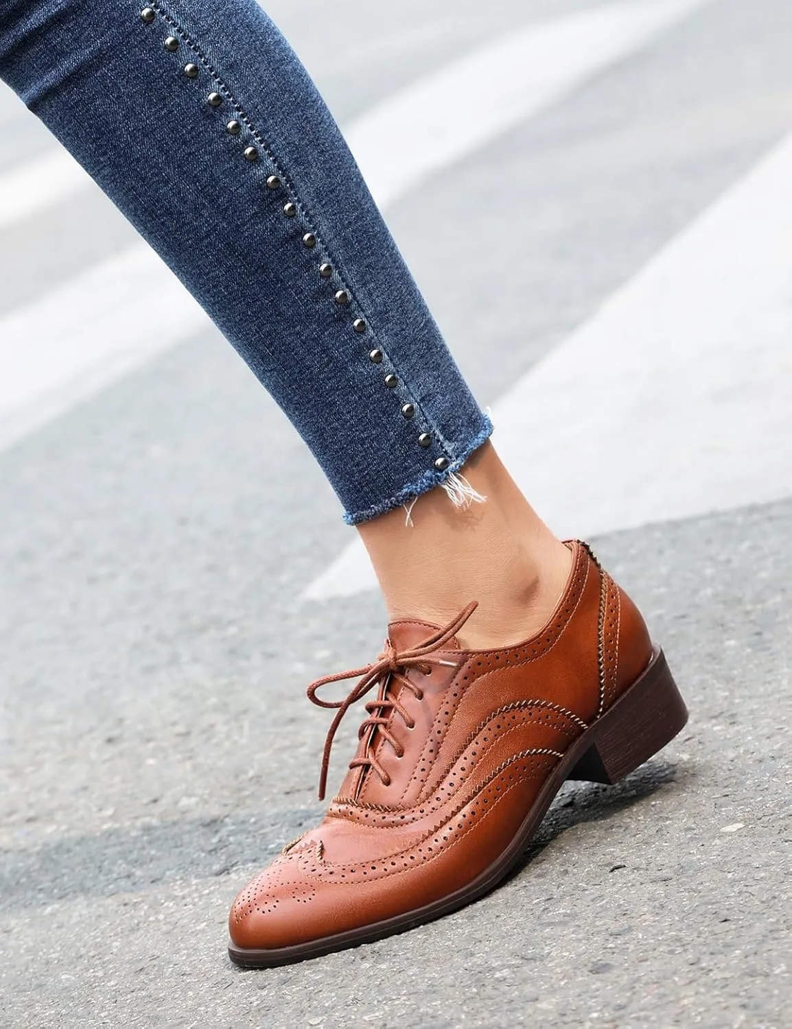 Scaoruki Leisure Oxford Shoes Women Two Tone Wingtip Brogue Shoes