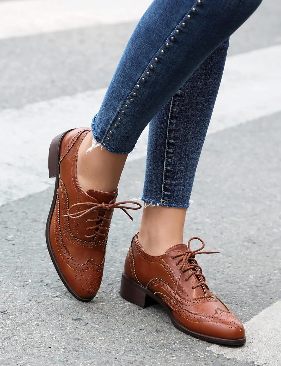 Scaoruki Leisure Oxford Shoes Women Two Tone Wingtip Brogue Shoes