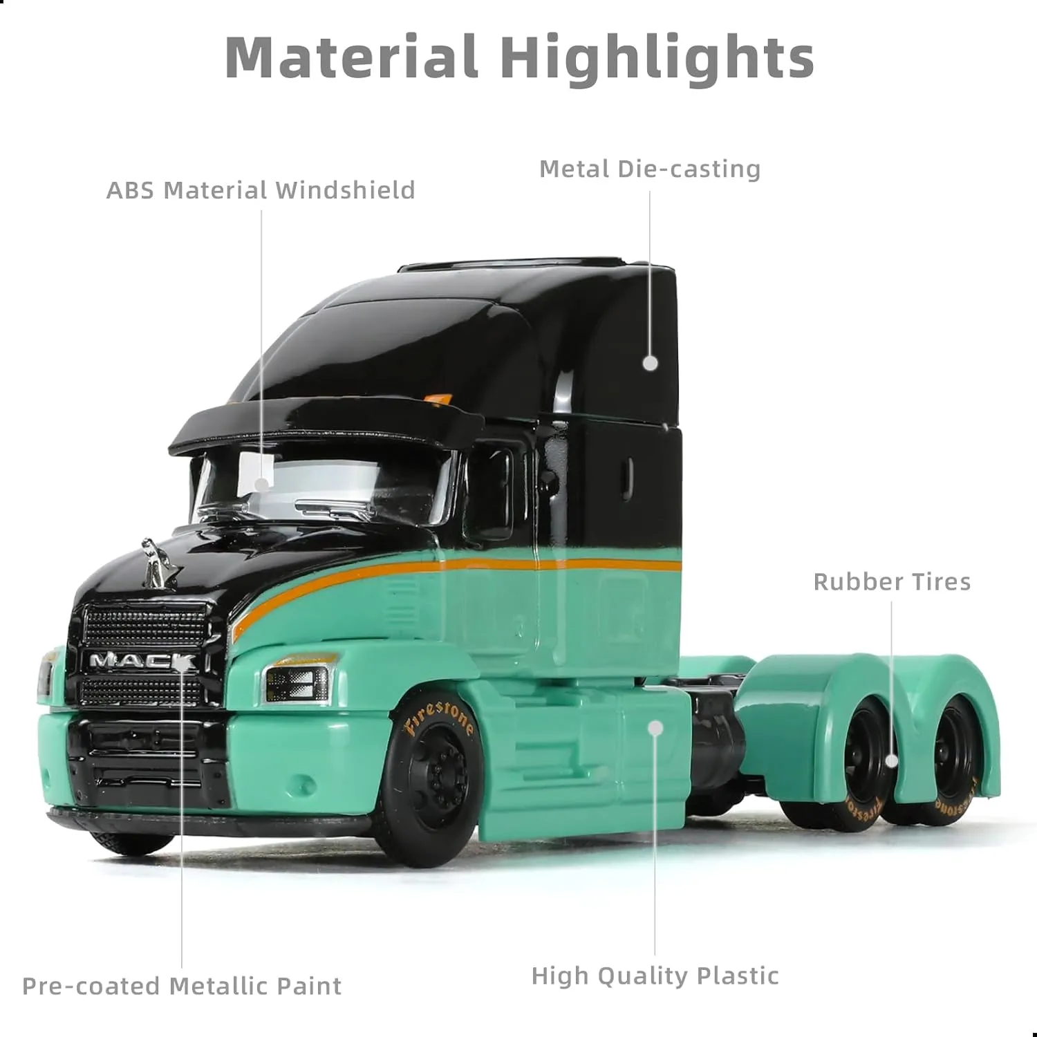Semi Truck Toy, 1/64 Scale Alloy Metal Diecast Heavy Semi Truck Trailer Head Toy Model, Mack Anthem Diecast Tow Traktor Toy Gift for Boy Adult Model Car Collector -Green and Black