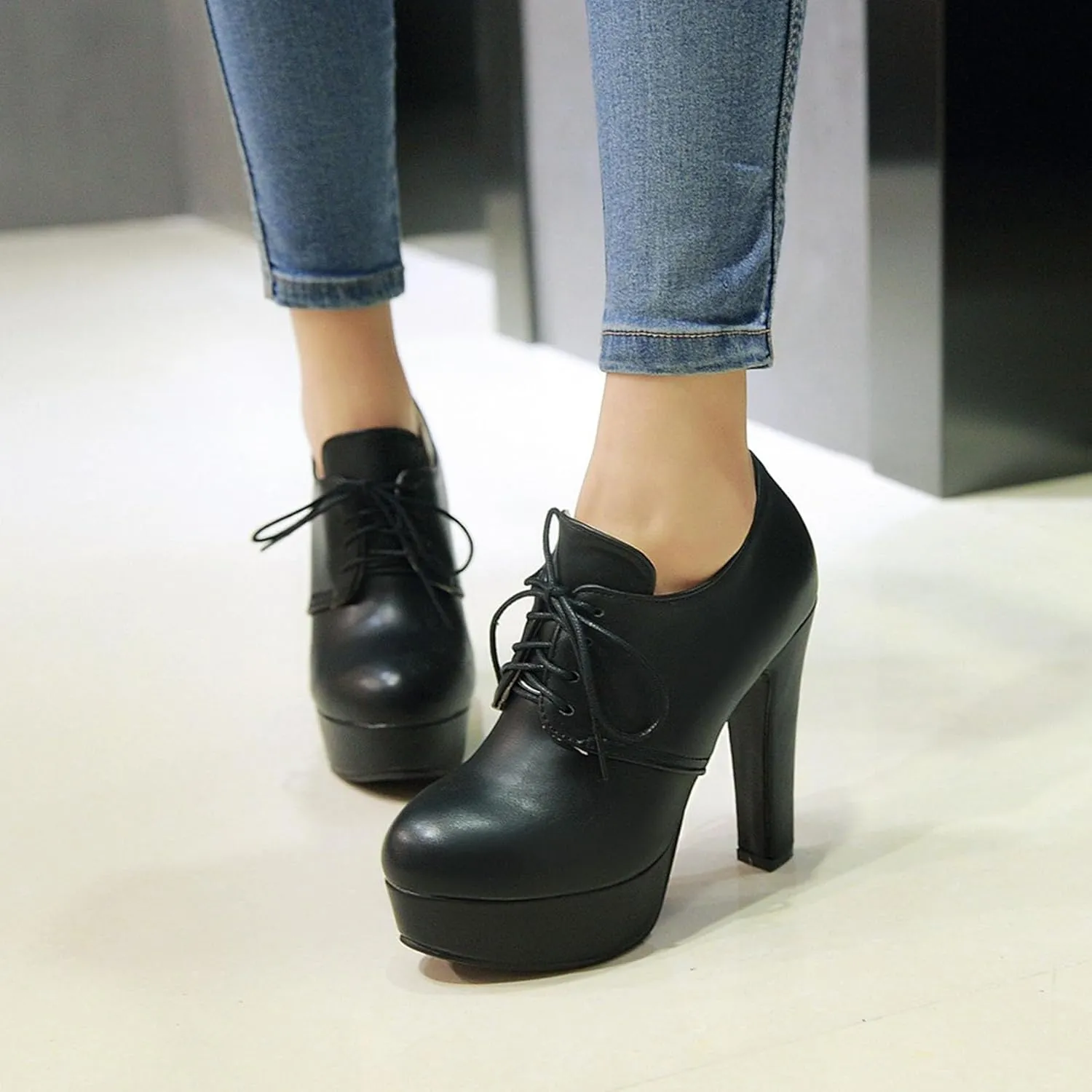 SHEMEE Womens Block Heel Platform Lace Up Pumps Oxford High Heels Ankle Booties Brogue Wingtip Vintage Dress Shoes