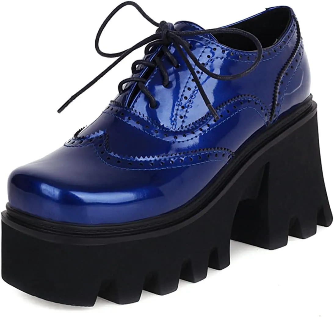 SHEMEE Women's Chunky Platform Patent Leather Oxfords Pumps Vintage Wingtip Lace Up Block High Heel Square Toe Gothic Brogue Shoes