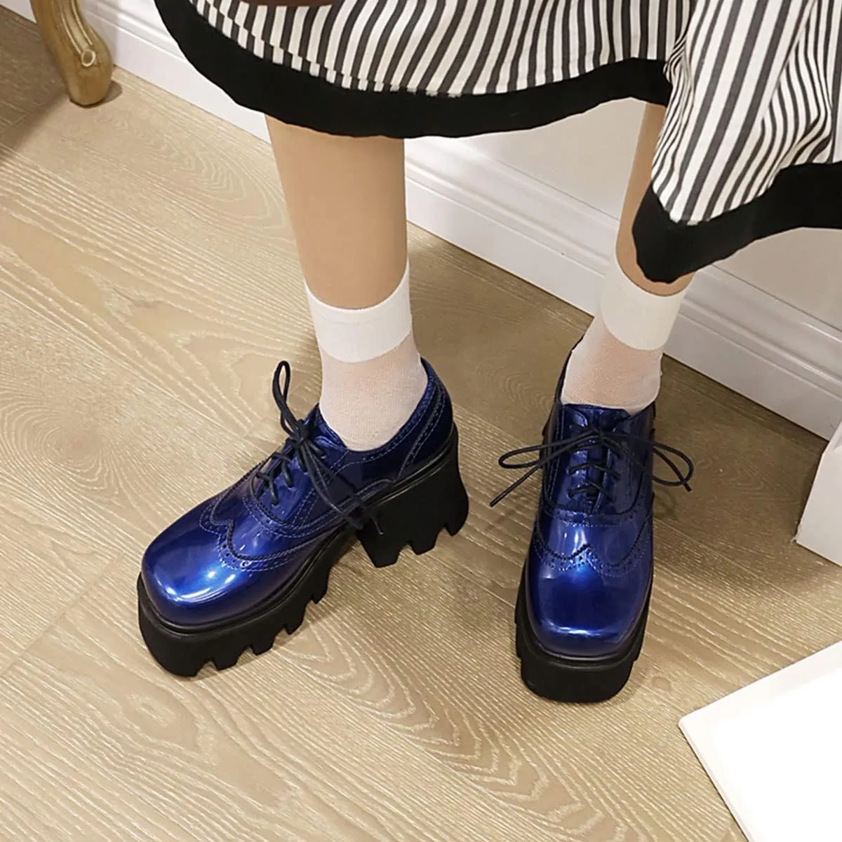 SHEMEE Women's Chunky Platform Patent Leather Oxfords Pumps Vintage Wingtip Lace Up Block High Heel Square Toe Gothic Brogue Shoes
