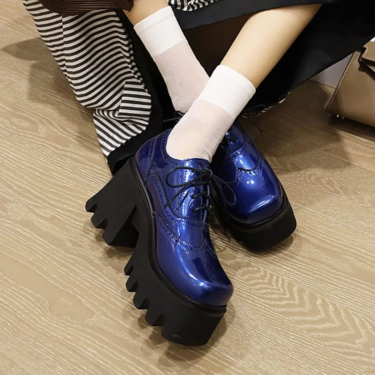 SHEMEE Women's Chunky Platform Patent Leather Oxfords Pumps Vintage Wingtip Lace Up Block High Heel Square Toe Gothic Brogue Shoes