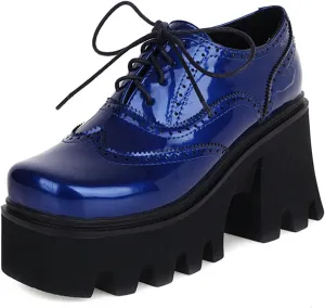 SHEMEE Women's Chunky Platform Patent Leather Oxfords Pumps Vintage Wingtip Lace Up Block High Heel Square Toe Gothic Brogue Shoes