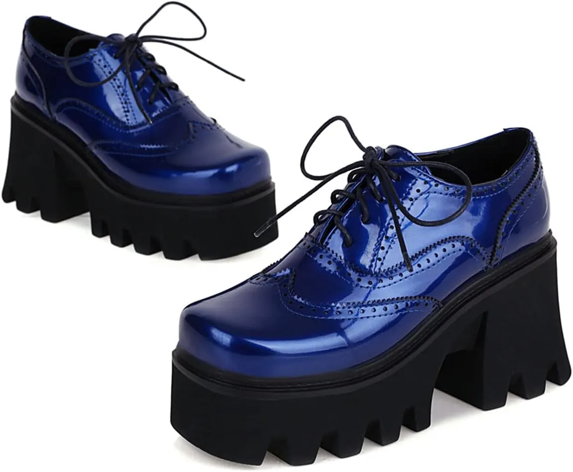 SHEMEE Women's Chunky Platform Patent Leather Oxfords Pumps Vintage Wingtip Lace Up Block High Heel Square Toe Gothic Brogue Shoes