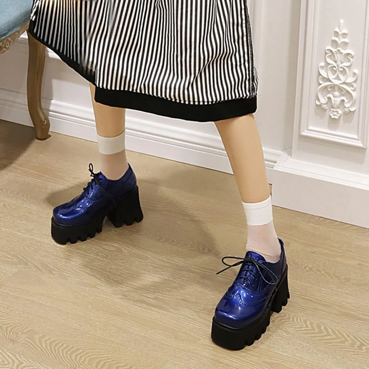SHEMEE Women's Chunky Platform Patent Leather Oxfords Pumps Vintage Wingtip Lace Up Block High Heel Square Toe Gothic Brogue Shoes