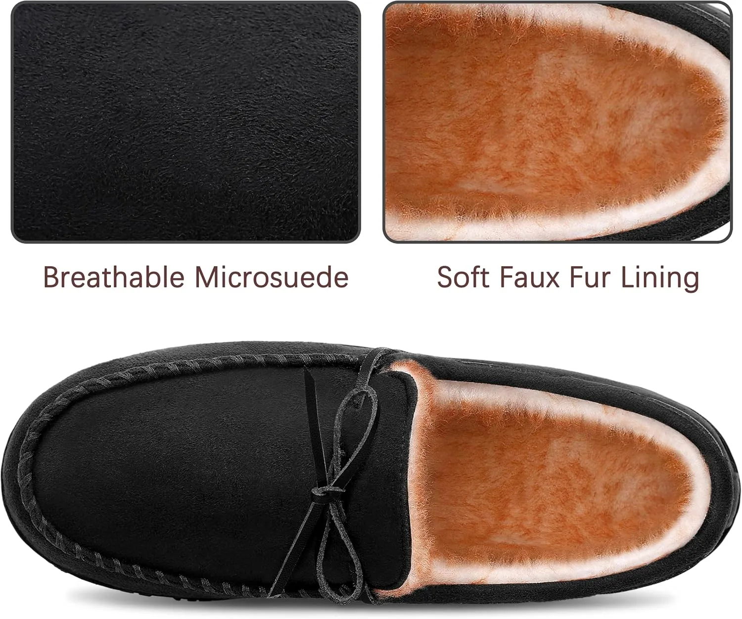 Shoeslocker Men's Warm Soft Plush Memory Foam House Moccasin Slippers - Comfortable Non-Slip Indoor/Outdoor - Black, Beige, Brown
