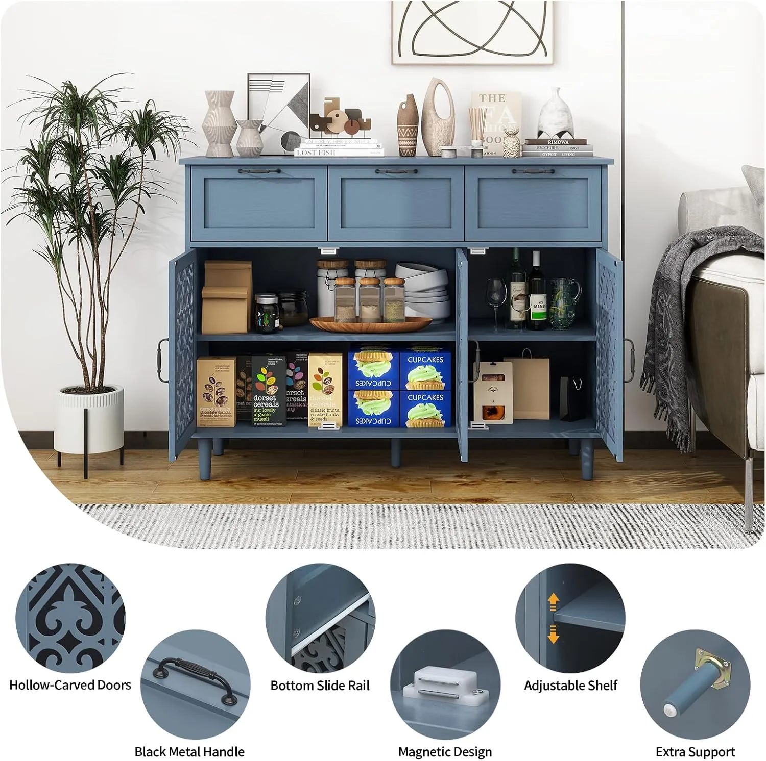 Sideboard Buffet Cabinet with Storage - Modern 3 Door 3 Drawer Farmhouse Wood Credenza for Living Room, Dining Room (Blue)