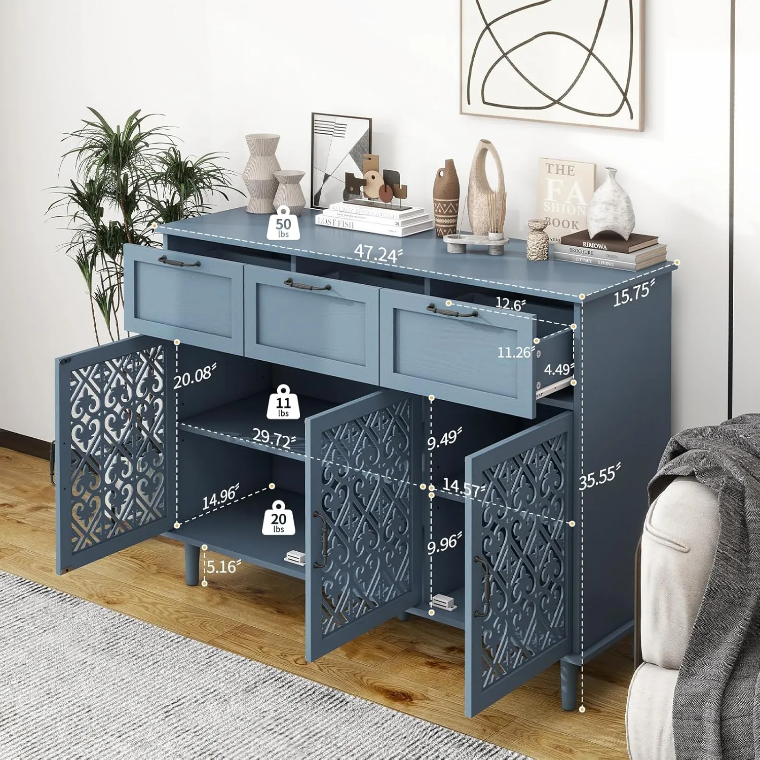 Sideboard Buffet Cabinet with Storage - Modern 3 Door 3 Drawer Farmhouse Wood Credenza for Living Room, Dining Room (Blue)