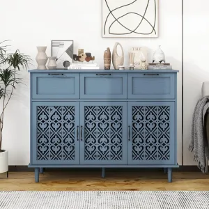 Sideboard Buffet Cabinet with Storage - Modern 3 Door 3 Drawer Farmhouse Wood Credenza for Living Room, Dining Room (Blue)