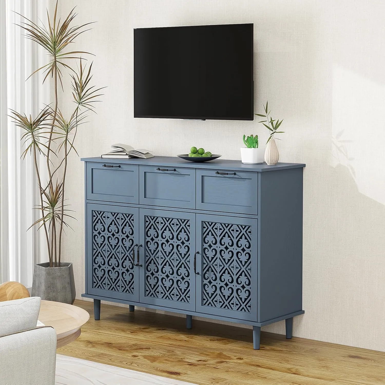Sideboard Buffet Cabinet with Storage - Modern 3 Door 3 Drawer Farmhouse Wood Credenza for Living Room, Dining Room (Blue)