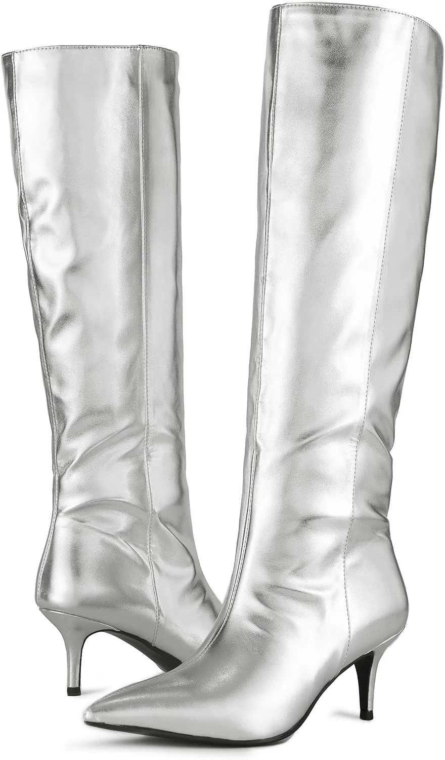 Silver Metallic Boots for Women - Stiletto Heel Knee High Sexy Boots with Side Zipper, Low-Mid Heel PU Leather Fashion High Boot Long Boots for Ladies