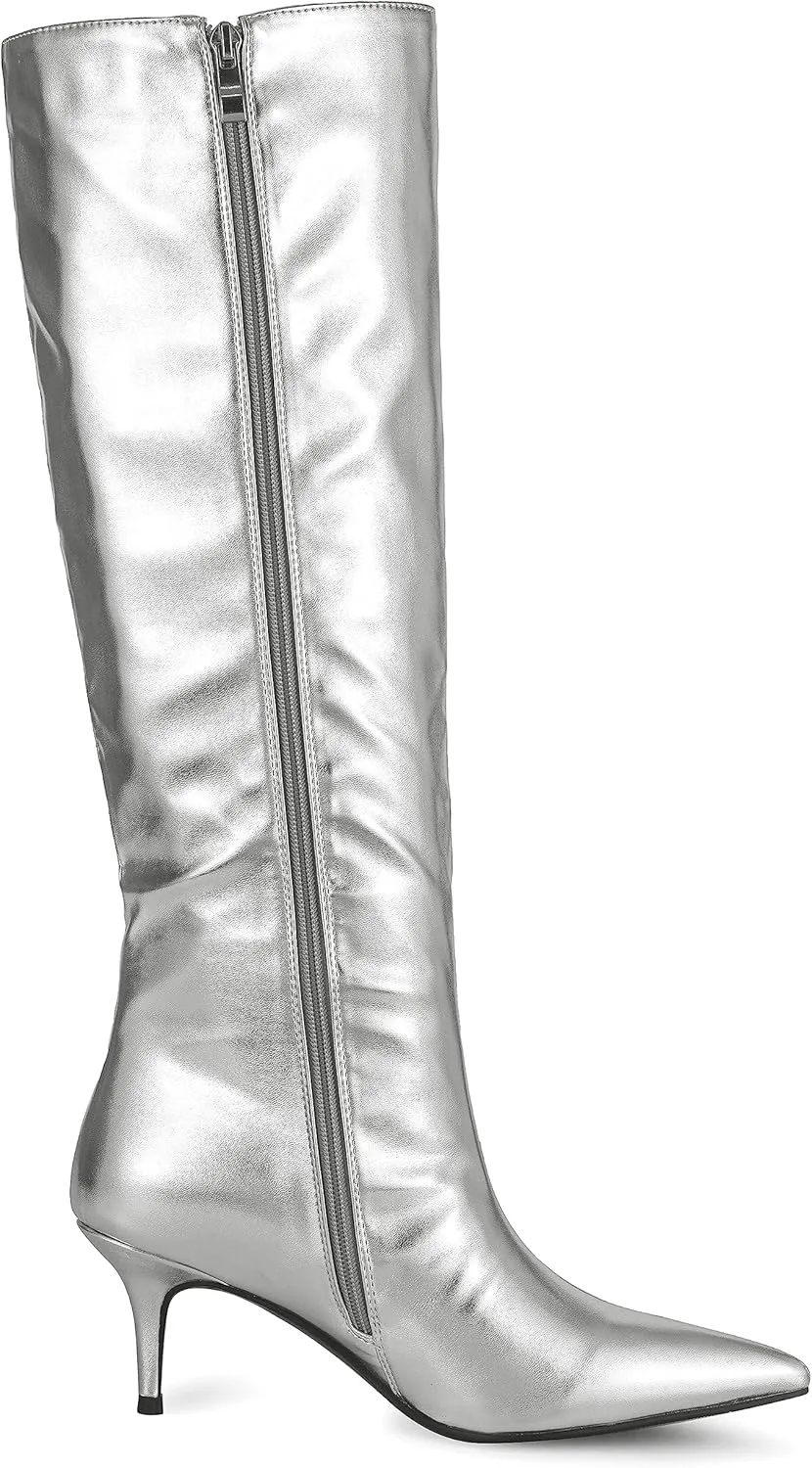 Silver Metallic Boots for Women - Stiletto Heel Knee High Sexy Boots with Side Zipper, Low-Mid Heel PU Leather Fashion High Boot Long Boots for Ladies