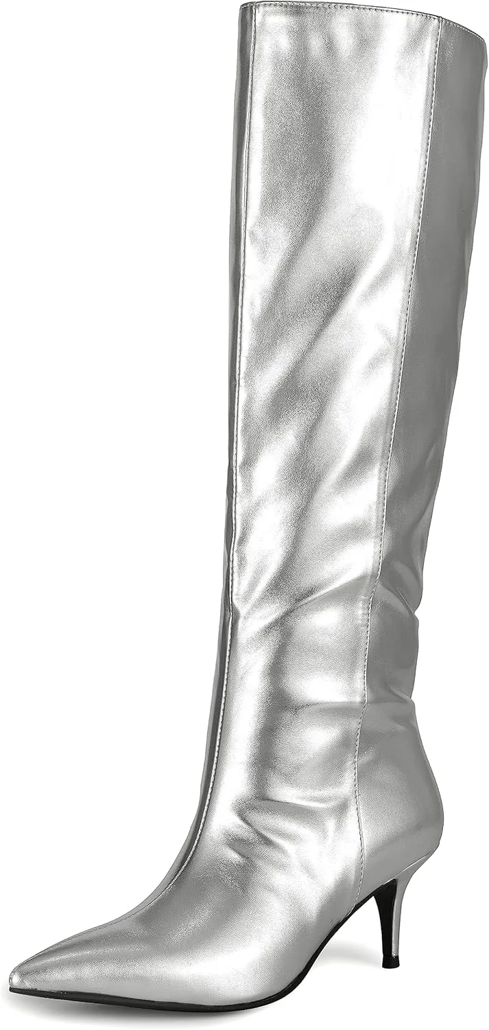 Silver Metallic Boots for Women - Stiletto Heel Knee High Sexy Boots with Side Zipper, Low-Mid Heel PU Leather Fashion High Boot Long Boots for Ladies