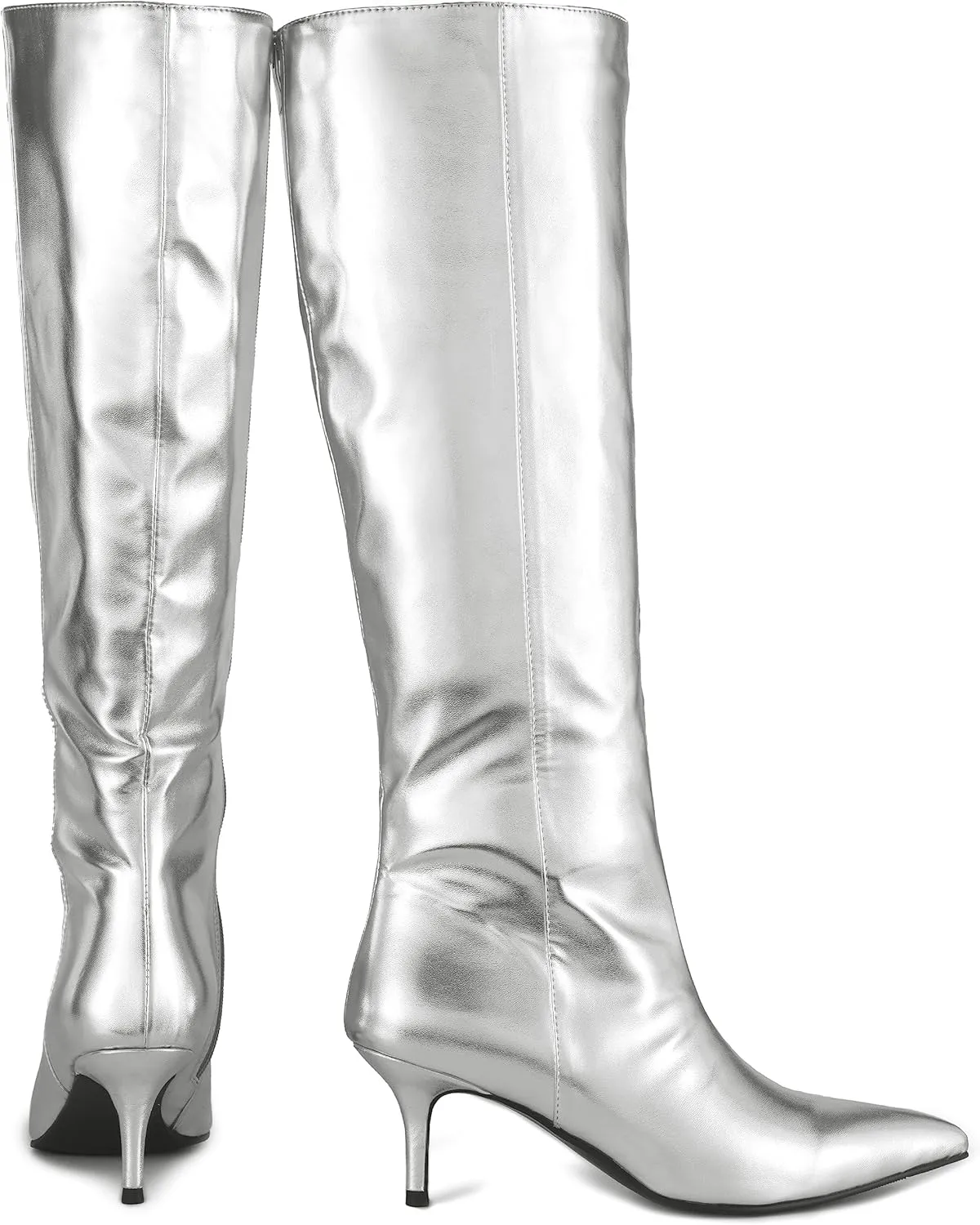 Silver Metallic Boots for Women - Stiletto Heel Knee High Sexy Boots with Side Zipper, Low-Mid Heel PU Leather Fashion High Boot Long Boots for Ladies