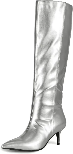 Silver Metallic Boots for Women - Stiletto Heel Knee High Sexy Boots with Side Zipper, Low-Mid Heel PU Leather Fashion High Boot Long Boots for Ladies