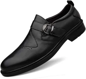 Single Season Dress Oxford for Men Slip On Round Toe Monk Strap Cowhide Block Heel Low Top Non Slip Resistant Walking Very Popular Among Young People (Color : Black Smooth, Size : 10.5