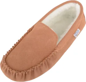 SNUGRUGS Mens Ronnie Suede Moccasin Slippers with Wool Inner and Suede Sole