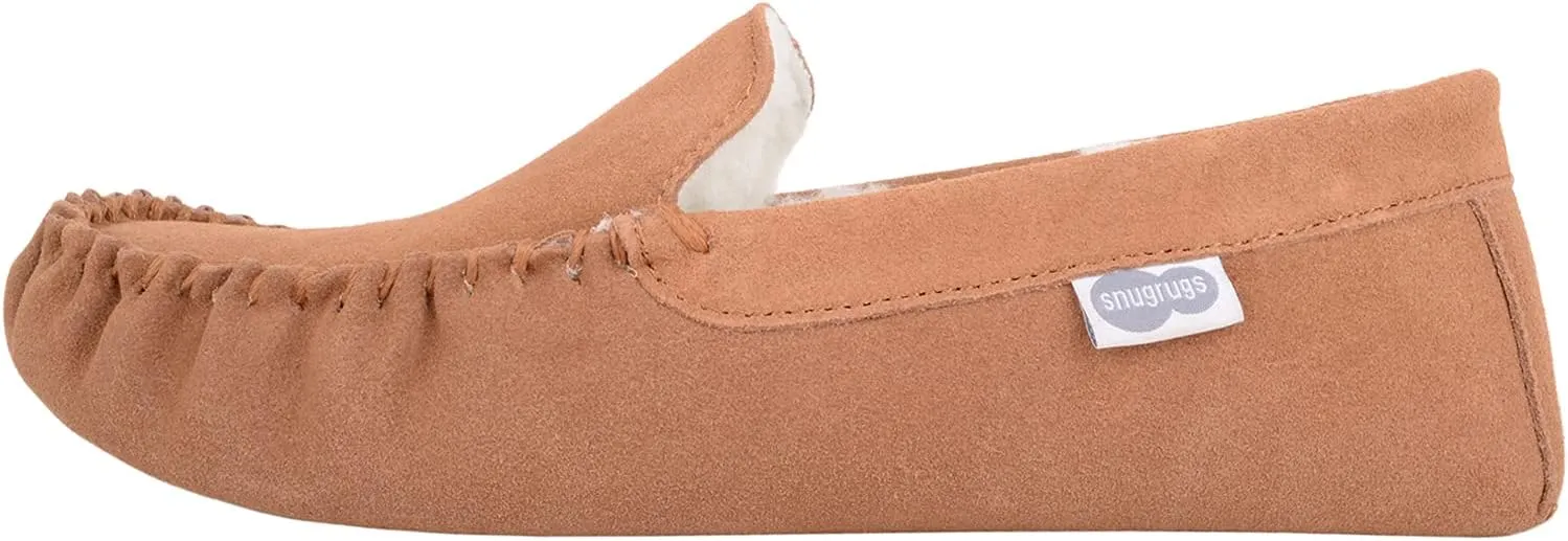 SNUGRUGS Mens Ronnie Suede Moccasin Slippers with Wool Inner and Suede Sole