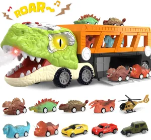 SpringFlower 11 in 1 Dinosaur Toys, Dinosaur Toys for Kids 3-5, Dinosaur Truck with 10 Pull Back Cars, Toddler Boy Toys Age 3 4 5, Boy Birthday Gifts with Sounds & Lights & Spray