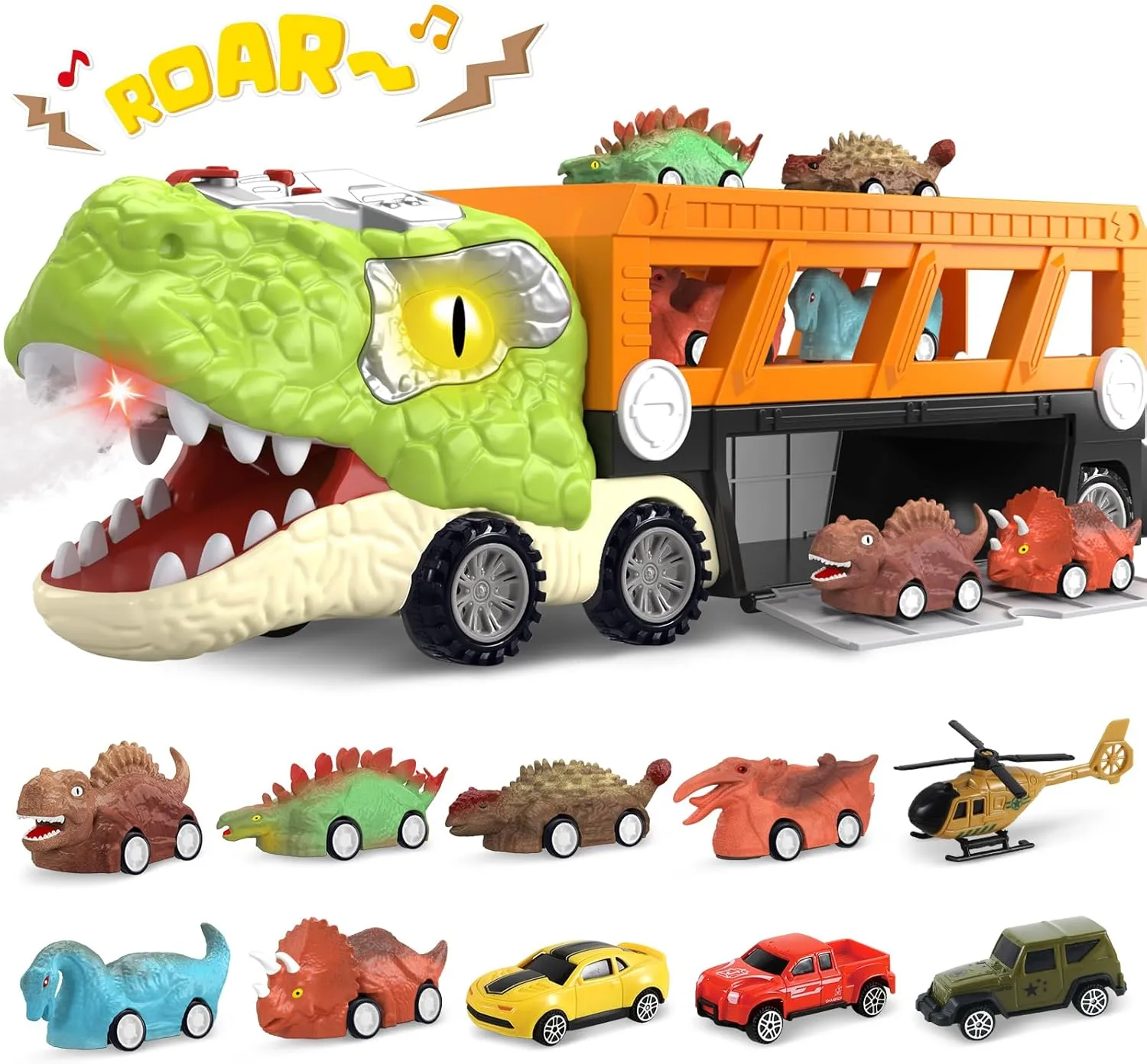 SpringFlower 11 in 1 Dinosaur Toys, Dinosaur Toys for Kids 3-5, Dinosaur Truck with 10 Pull Back Cars, Toddler Boy Toys Age 3 4 5, Boy Birthday Gifts with Sounds & Lights & Spray