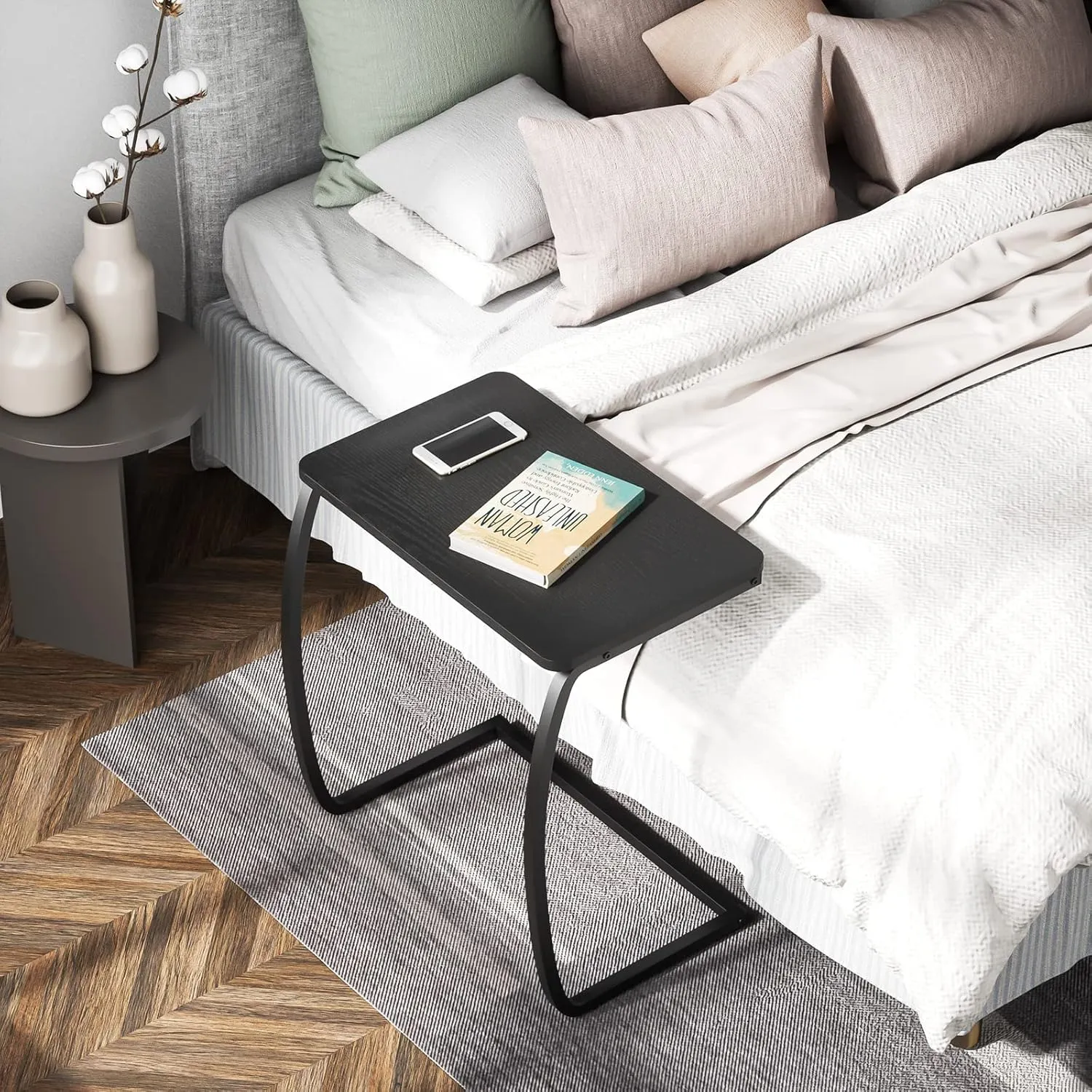 SRIWATANA Side Table, End Table, Vintage C-Shaped Couch Table for Sofa Laptop Coffee Snack, Black