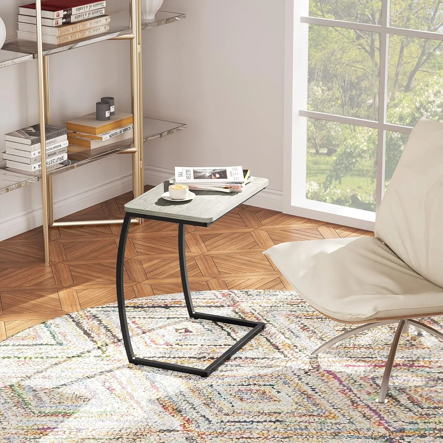 SRIWATANA Side Table, End Table, Vintage C-Shaped Couch Table for Sofa Laptop Coffee Snack, Light Grey