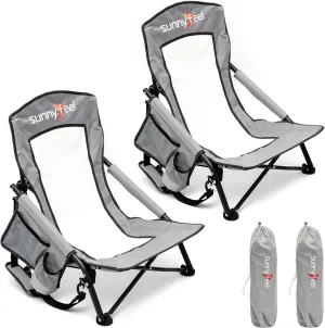 SUNNYFEEL Folding Low Camping Beach Chair 2 Pack, Lightweight Portable Lawn Chair with Mesh Back, Cup Holder for Outdoor/Travel/Picnic/Concert, Foldable Camp Backpack Chair with Carry Bag