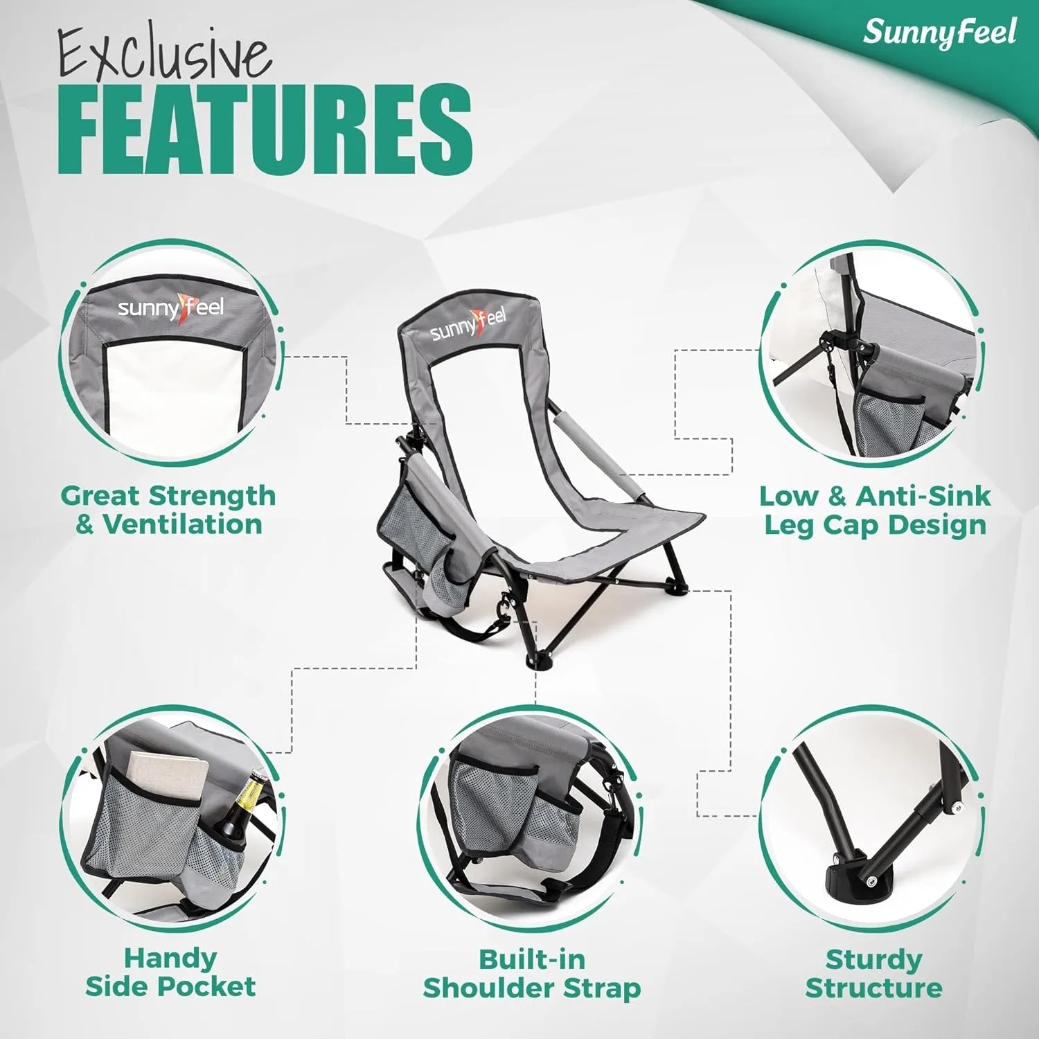 SUNNYFEEL Folding Low Camping Beach Chair 2 Pack, Lightweight Portable Lawn Chair with Mesh Back, Cup Holder for Outdoor/Travel/Picnic/Concert, Foldable Camp Backpack Chair with Carry Bag