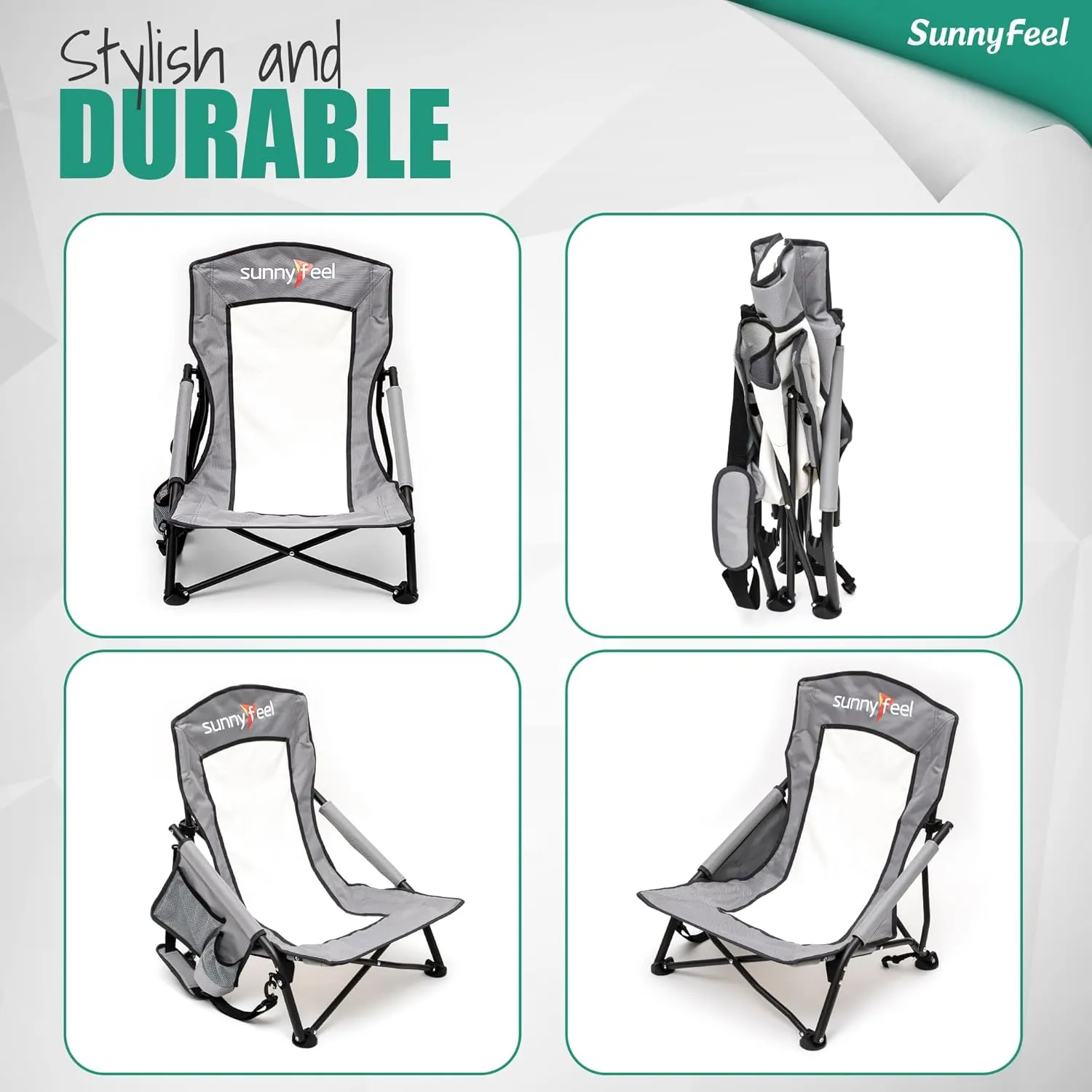 SUNNYFEEL Folding Low Camping Beach Chair 2 Pack, Lightweight Portable Lawn Chair with Mesh Back, Cup Holder for Outdoor/Travel/Picnic/Concert, Foldable Camp Backpack Chair with Carry Bag