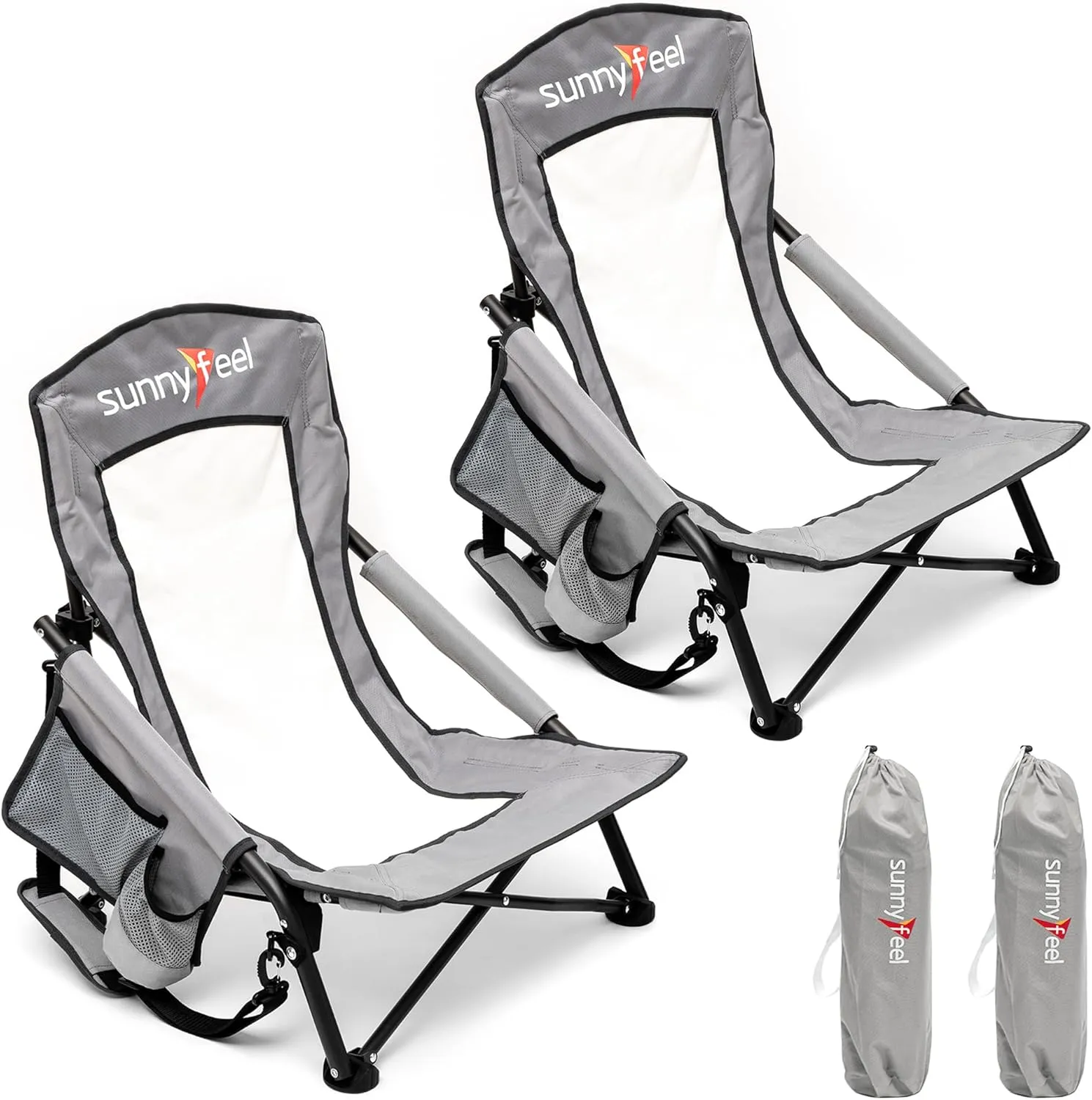SUNNYFEEL Folding Low Camping Beach Chair 2 Pack, Lightweight Portable Lawn Chair with Mesh Back, Cup Holder for Outdoor/Travel/Picnic/Concert, Foldable Camp Backpack Chair with Carry Bag