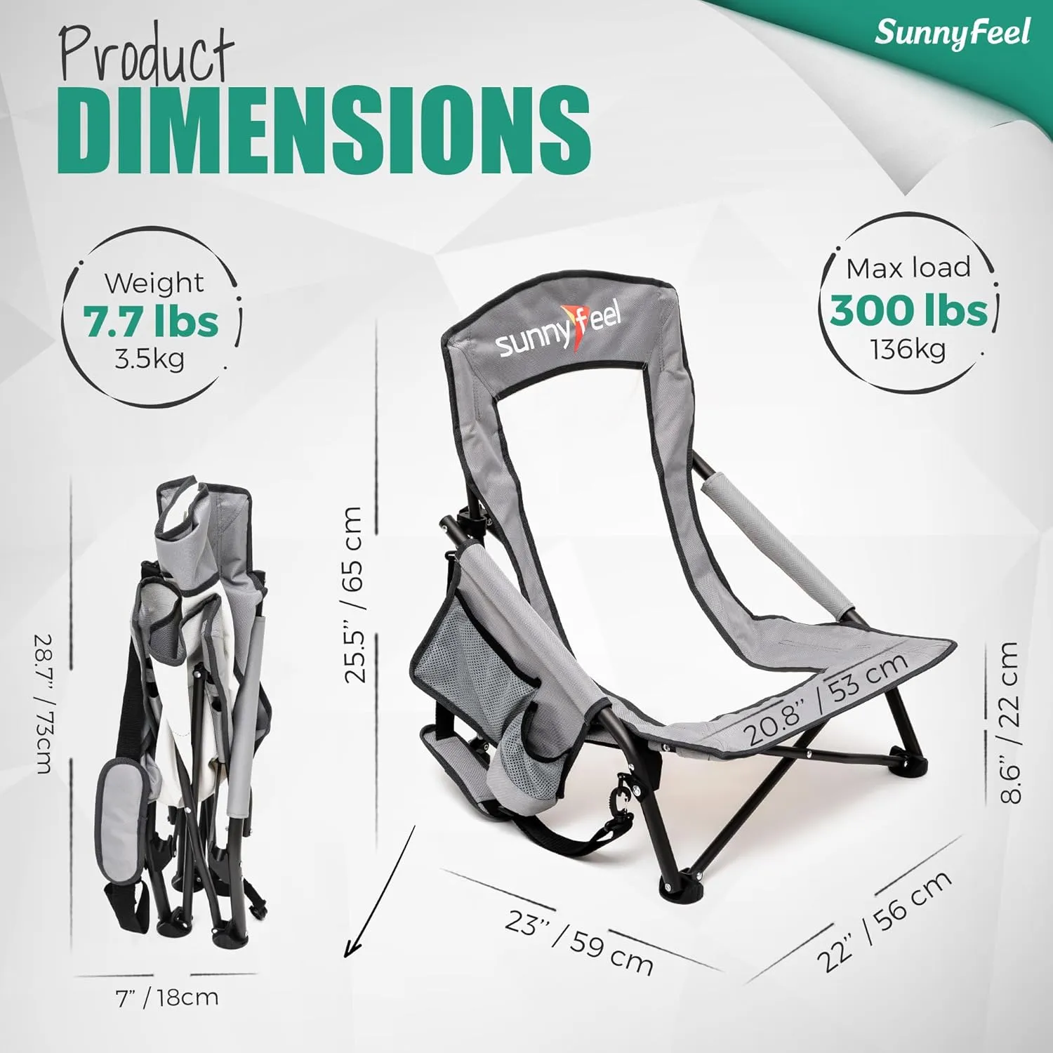 SUNNYFEEL Folding Low Camping Beach Chair 2 Pack, Lightweight Portable Lawn Chair with Mesh Back, Cup Holder for Outdoor/Travel/Picnic/Concert, Foldable Camp Backpack Chair with Carry Bag
