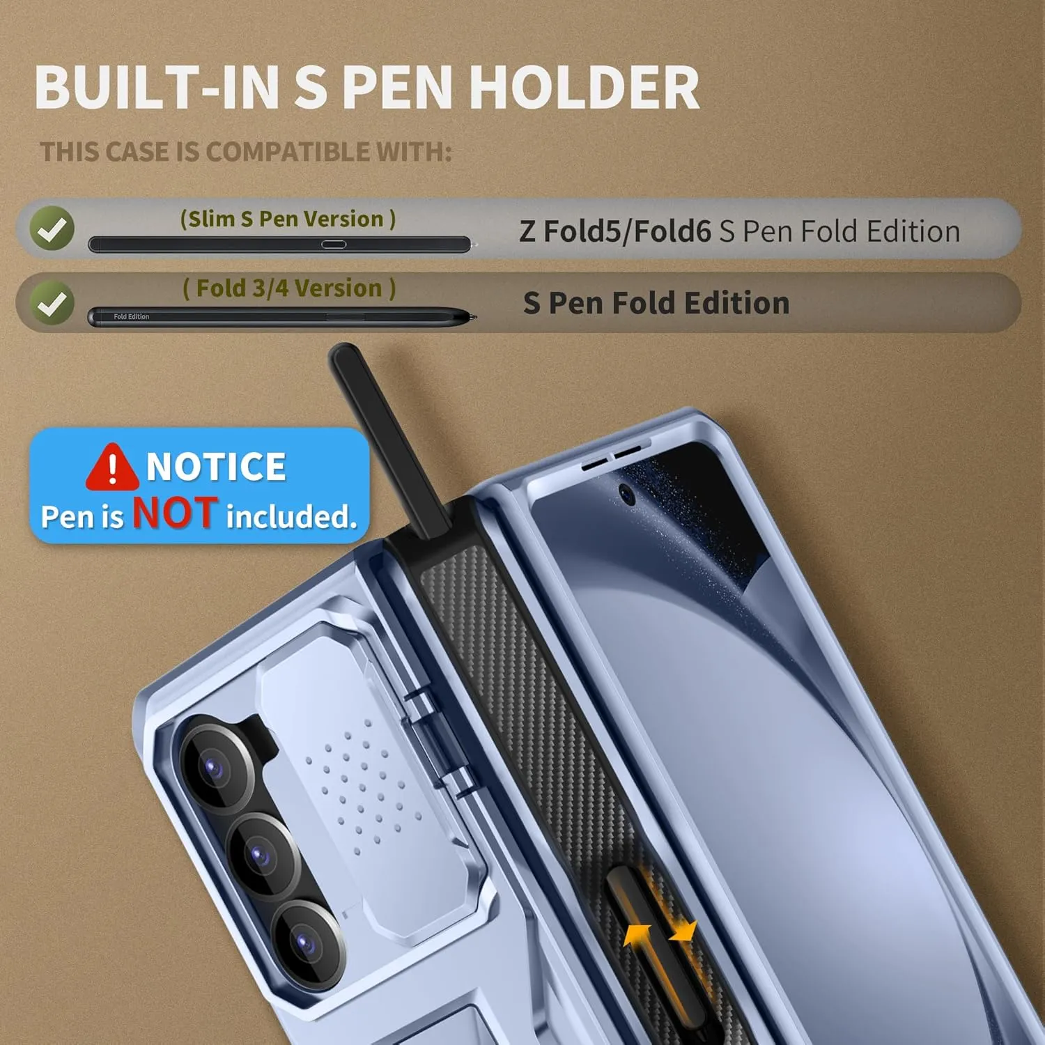 TONGATE for Z Fold 5 Case, [with S Pen Holder & Hinge Protection] [Glass Screen Protector & Slide Camera Cover] Military Drop Phone Case for Samsung Galaxy Z Fold 5 with Stand & Belt Clip, ICY Blue