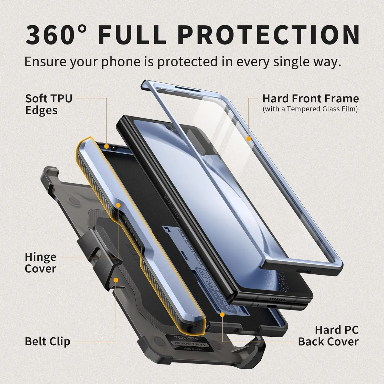 TONGATE for Z Fold 5 Case, [with S Pen Holder & Hinge Protection] [Glass Screen Protector & Slide Camera Cover] Military Drop Phone Case for Samsung Galaxy Z Fold 5 with Stand & Belt Clip, ICY Blue