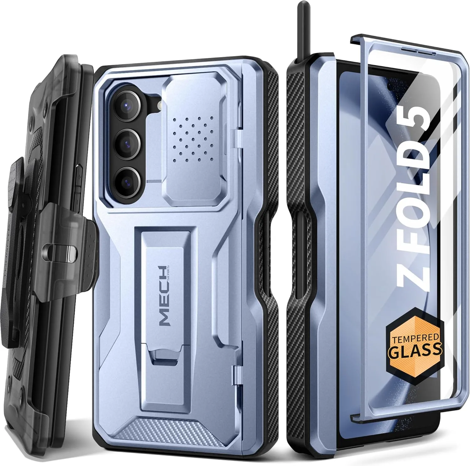 TONGATE for Z Fold 5 Case, [with S Pen Holder & Hinge Protection] [Glass Screen Protector & Slide Camera Cover] Military Drop Phone Case for Samsung Galaxy Z Fold 5 with Stand & Belt Clip, ICY Blue