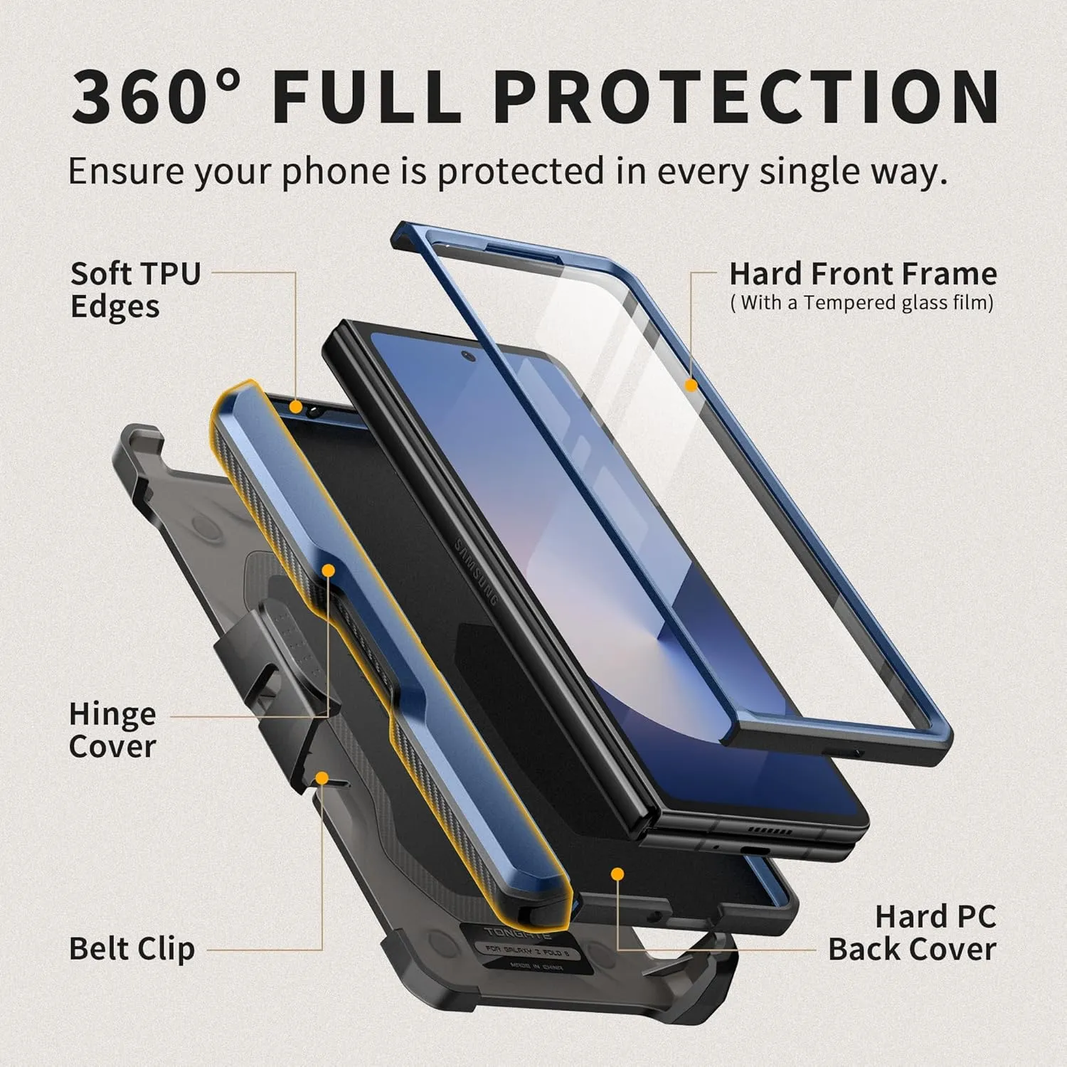 TONGATE for Z Fold 6 Case with Ring Stand, Built-in S Pen Holder & Glass Screen Protector Shockproof Rugged Z6 Phone Case with Slide Camera Cover & Belt Clip for Samsung Galaxy Z Fold 6 2024, Blue