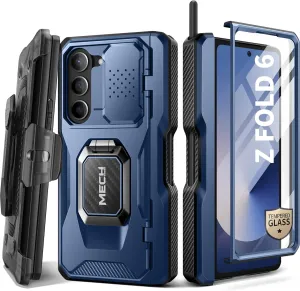 TONGATE for Z Fold 6 Case with Ring Stand, Built-in S Pen Holder & Glass Screen Protector Shockproof Rugged Z6 Phone Case with Slide Camera Cover & Belt Clip for Samsung Galaxy Z Fold 6 2024, Blue